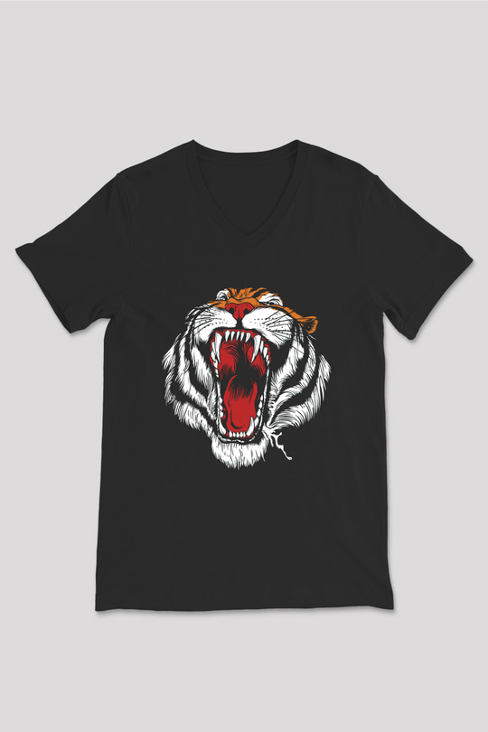 Kaplan Siyah Unisex V Yaka Tişört T-Shirt