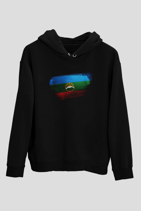 Karaçay Çerkesya - Karachay Cherkessia Bayrağı Baskılı Unisex Siyah Hoodie