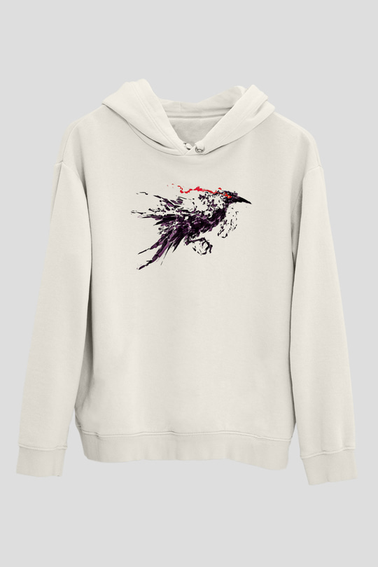Karga Baskılı Beyaz Unisex Hoodie