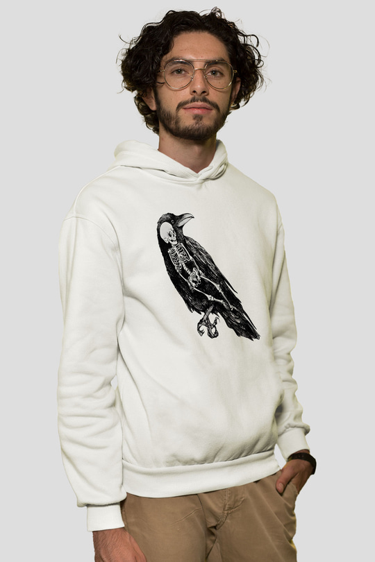 Karga Baskılı Beyaz Unisex Hoodie