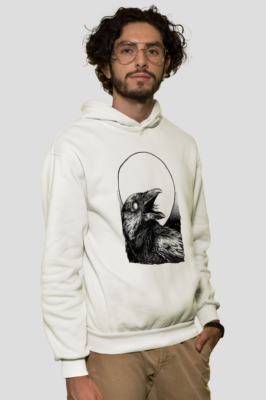 Karga Baskılı Beyaz Unisex Hoodie
