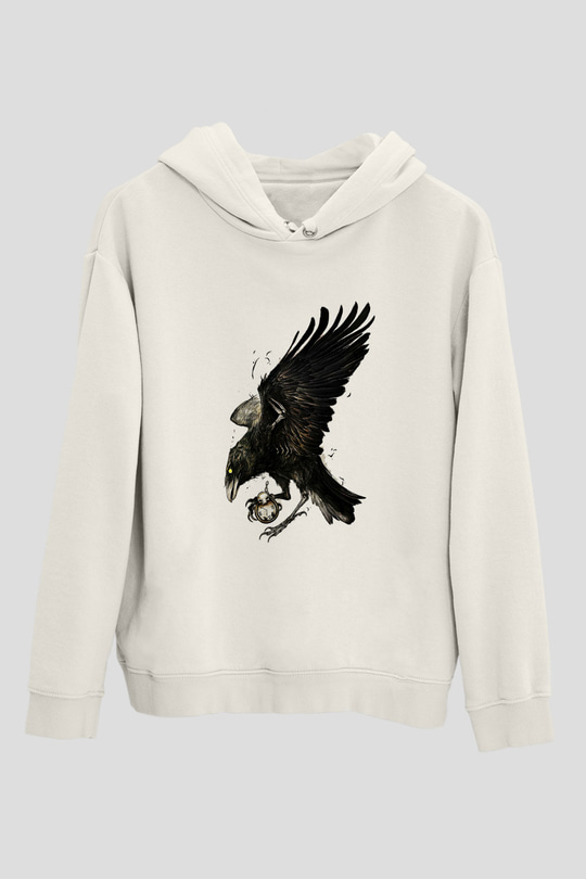 Karga Baskılı Beyaz Unisex Hoodie