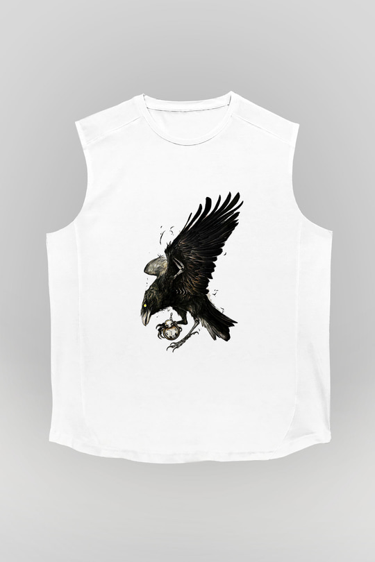 Karga Baskılı Beyaz Unisex Kolsuz Tişört - Tshirt