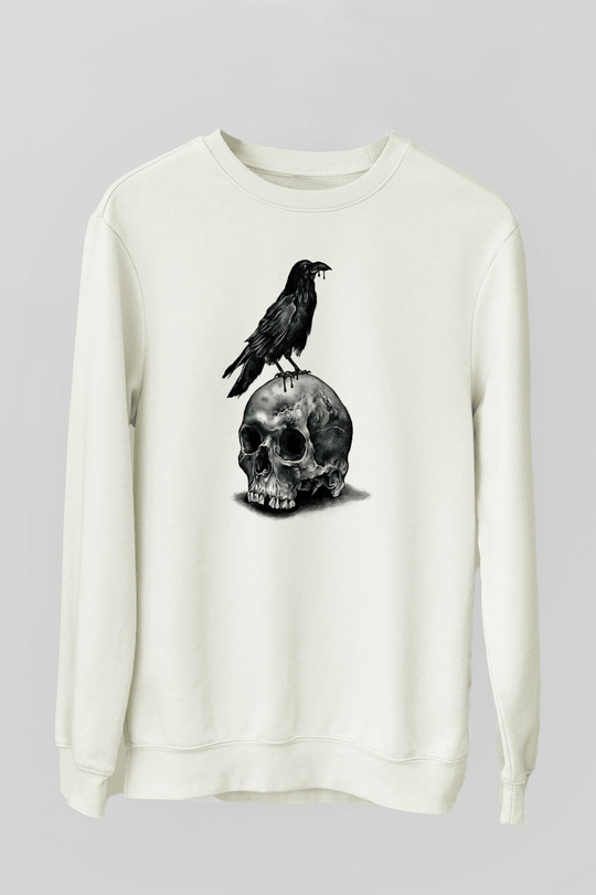 Karga Baskılı Beyaz Unisex Sweatshirt