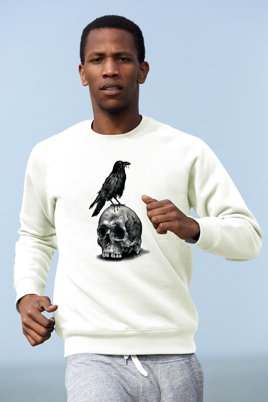 Karga Baskılı Beyaz Unisex Sweatshirt