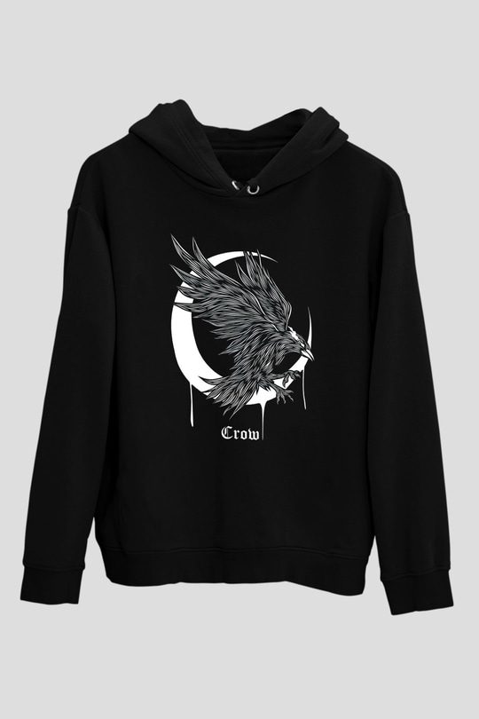 Karga Baskılı Unisex Siyah Hoodie