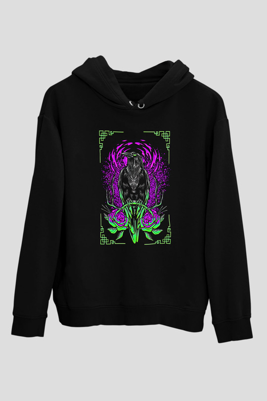 Karga Baskılı Unisex Siyah Hoodie