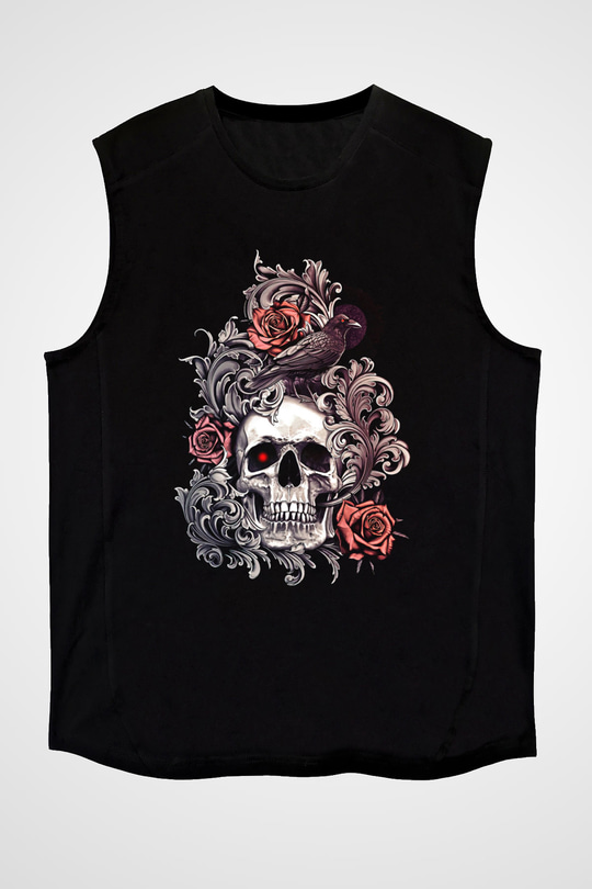 Karga Baskılı Unisex Siyah Kolsuz Tişört - Tshirt