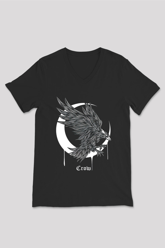 Karga Baskılı Unisex Siyah V Yaka Tişört - Tshirt