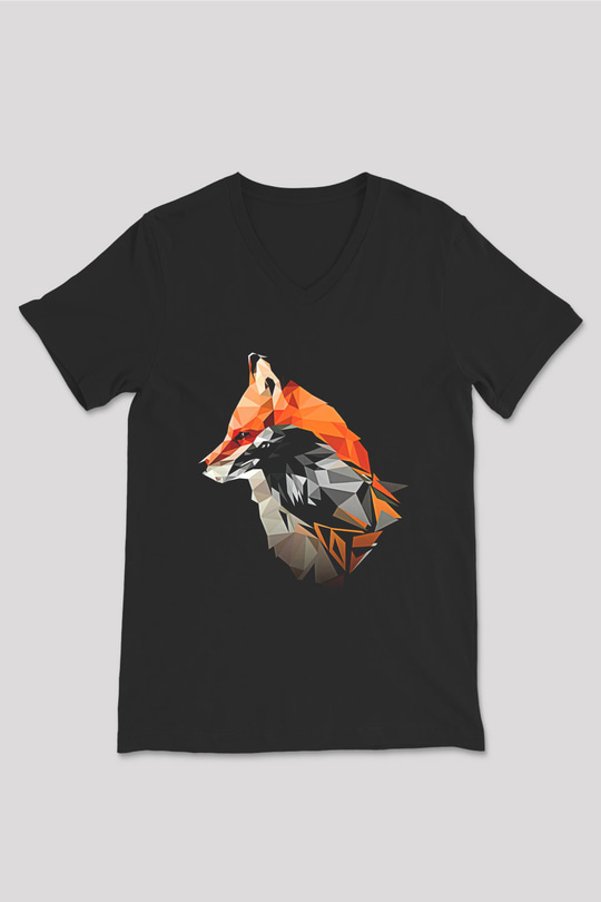 Karga Baskılı Unisex Siyah V Yaka Tişört - Tshirt
