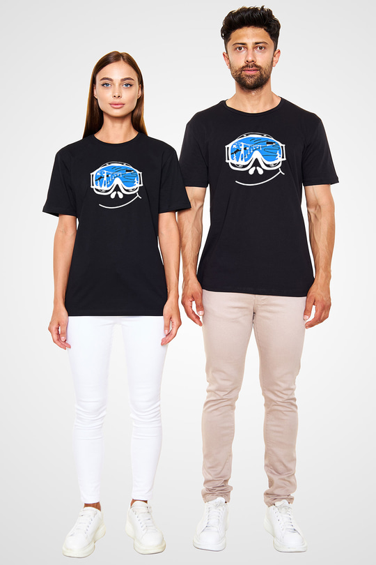 Kayak - Ski Baskılı Unisex Siyah Tişört - Tshirt