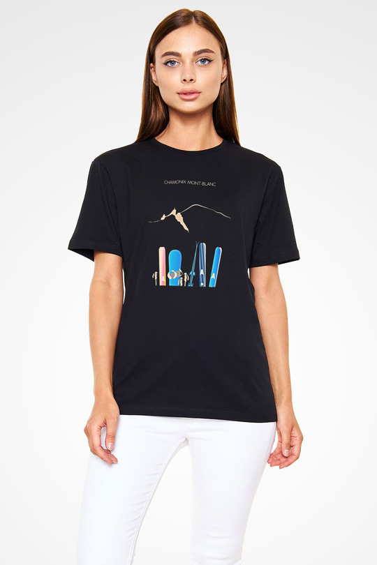 Kayak - Ski Baskılı Unisex Siyah Tişört - Tshirt
