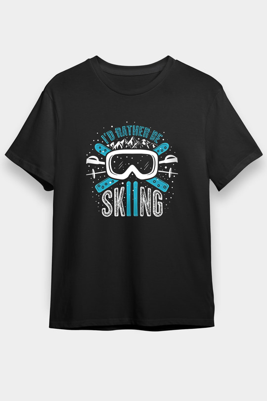 Kayak - Ski Baskılı Unisex Siyah Tişört - Tshirt
