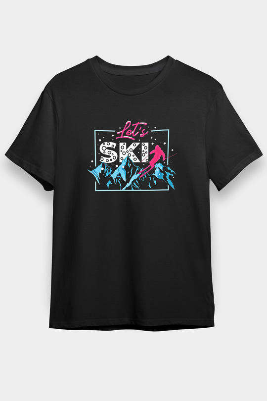 Kayak - Ski Baskılı Unisex Siyah Tişört - Tshirt