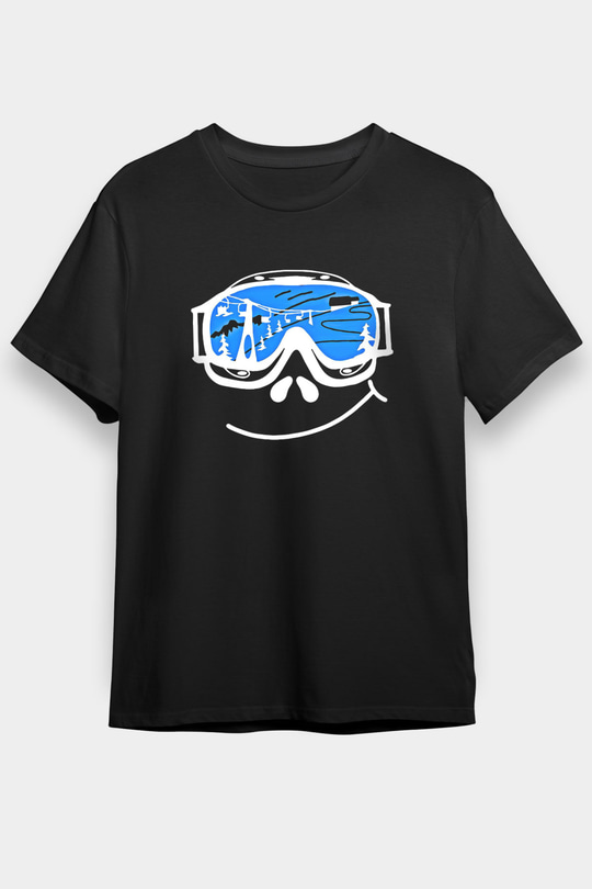 Kayak - Ski Baskılı Unisex Siyah Tişört - Tshirt