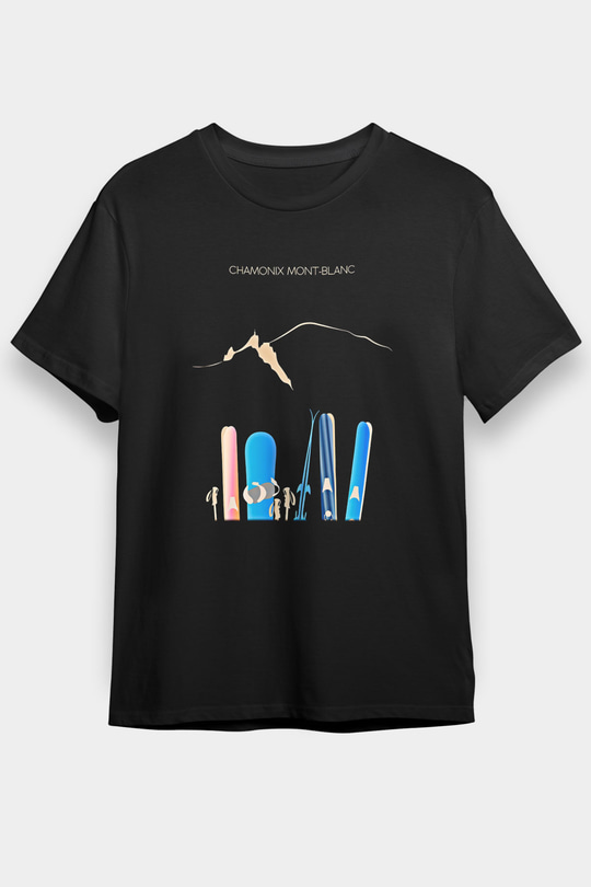 Kayak - Ski Baskılı Unisex Siyah Tişört - Tshirt