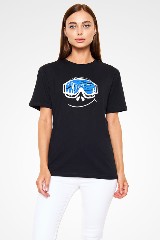 Kayak - Ski Baskılı Unisex Siyah Tişört - Tshirt