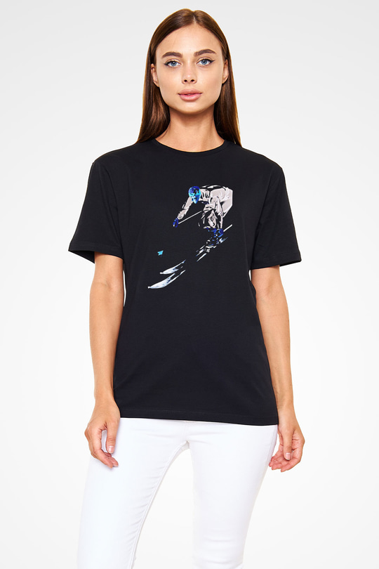 Kayak - Ski Baskılı Unisex Siyah Tişört - Tshirt