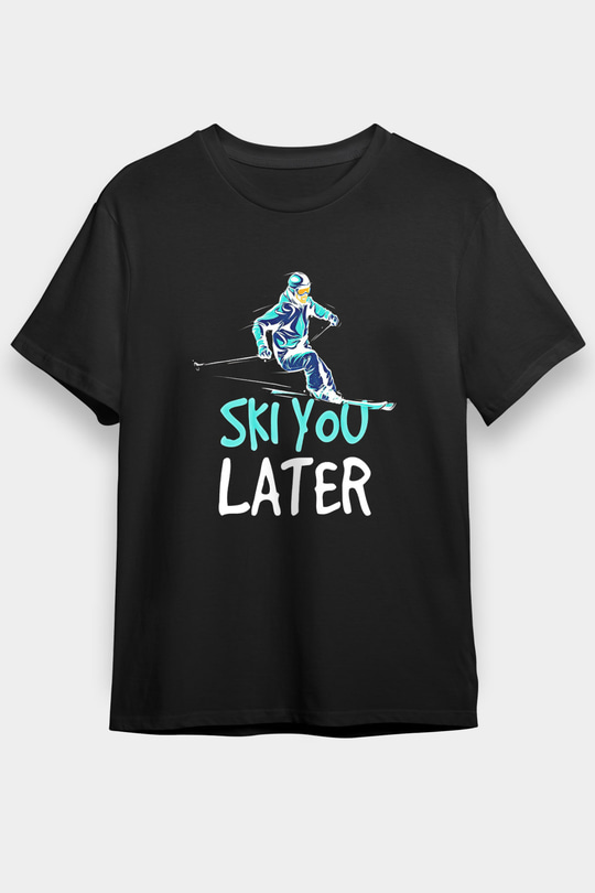 Kayak - Ski Baskılı Unisex Siyah Tişört - Tshirt
