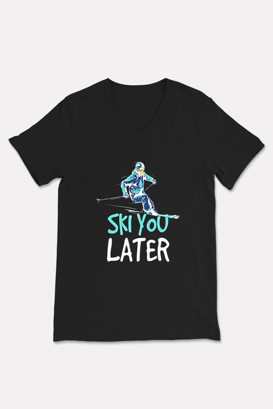 Kayak - Ski Baskılı Unisex Siyah V Yaka Tişört
