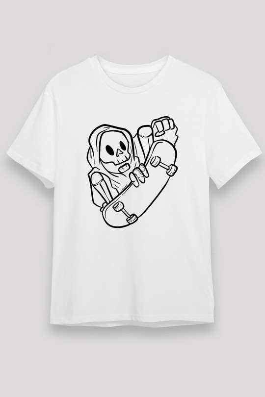 Kaykay Baskılı Unisex Beyaz Tişört - Tshirt