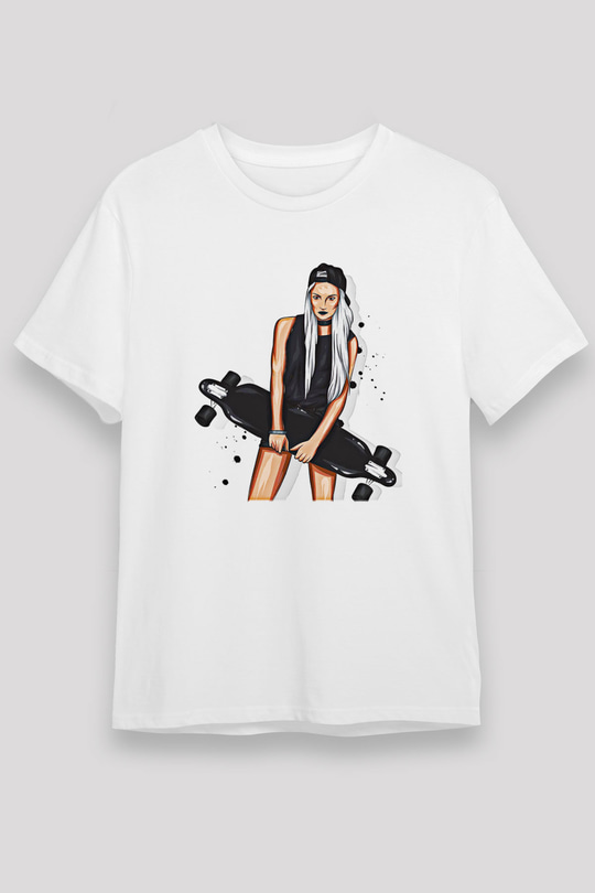 Kaykay Baskılı Unisex Beyaz Tişört - Tshirt