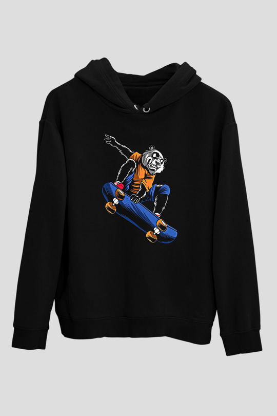 Kaykay - Skateboard Baskılı Unisex Siyah Hoodie