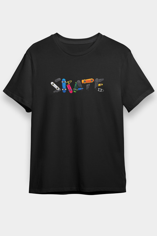 Kaykay - Skateboard Baskılı Unisex Siyah Tişört - Tshirt