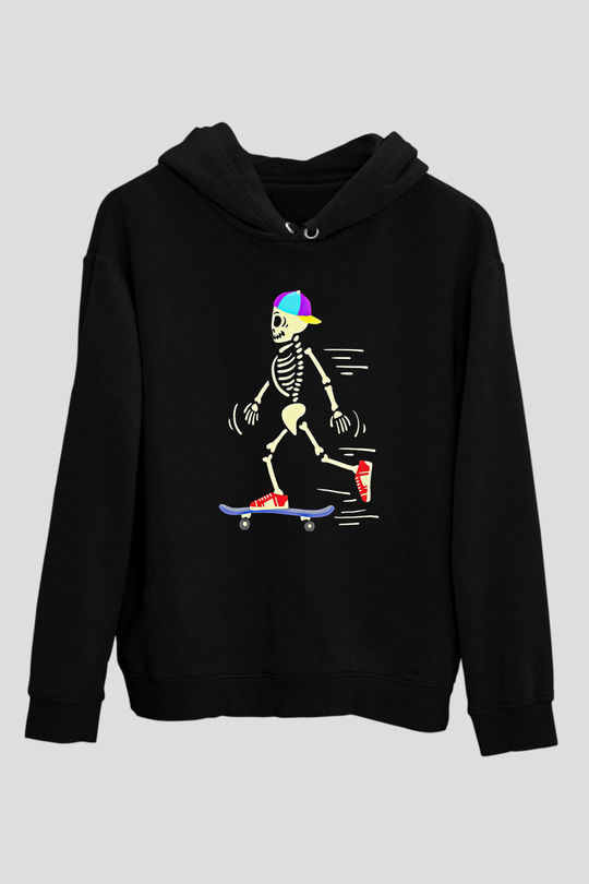 Kaykay - Skateboard Baskılı Unisex Siyah Hoodie