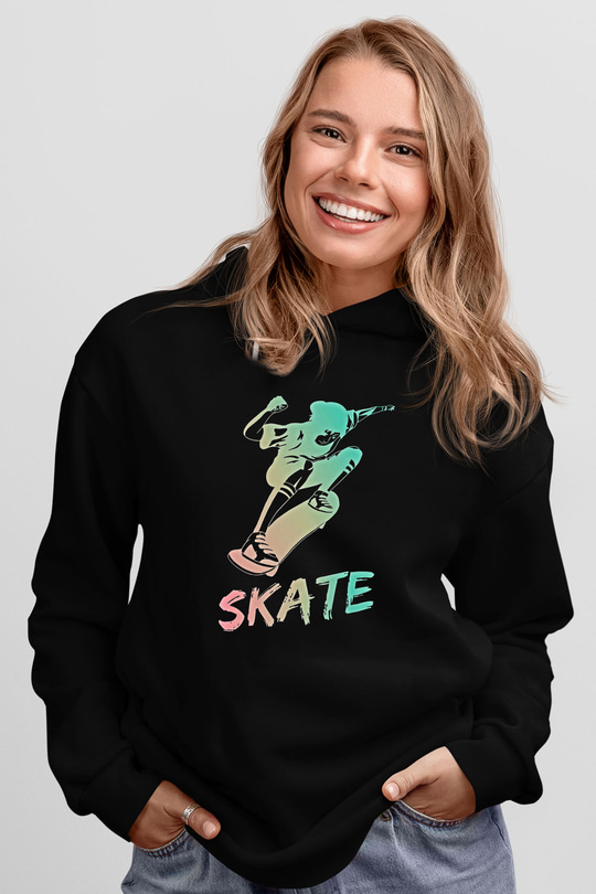Kaykay - Skateboard Baskılı Unisex Siyah Hoodie