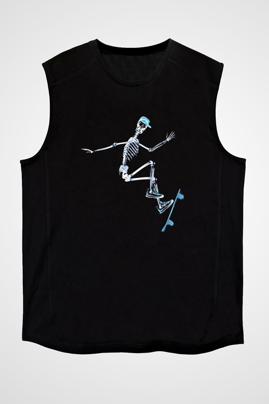 Kaykay - Skateboard Baskılı Unisex Siyah Kolsuz Tişört