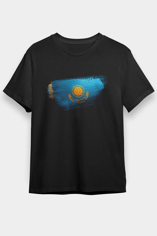 Kazakistan - Kazakhstan Bayrağı Baskılı Unisex Siyah Tişört
