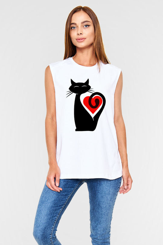 Kedi Beyaz Unisex Kolsuz Tişört