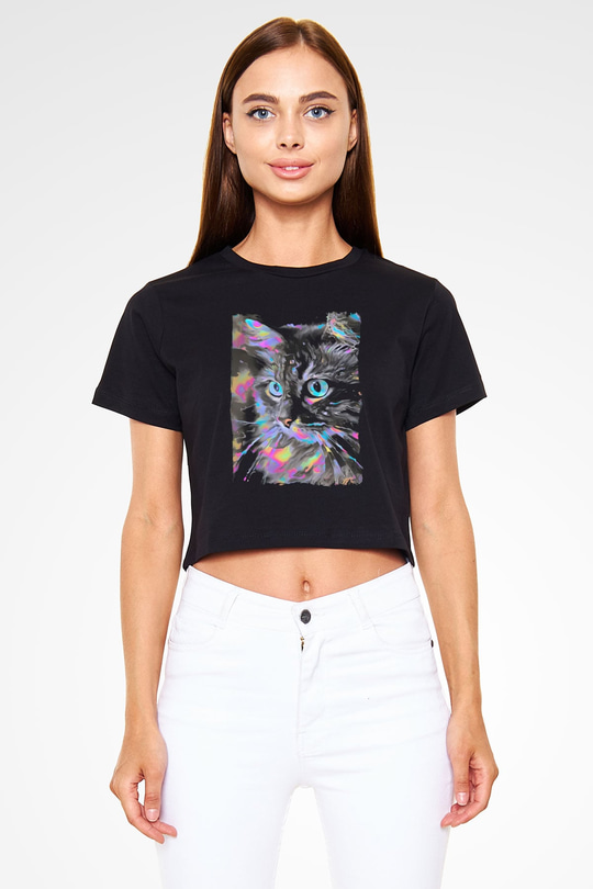 Kedi Siyah  Crop Top Tişört
