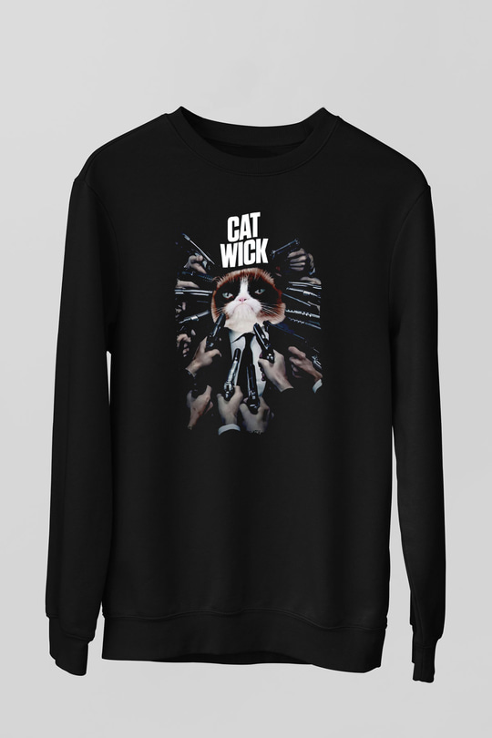 Kedi Wick Baskılı Unisex Siyah  Sweatshirt