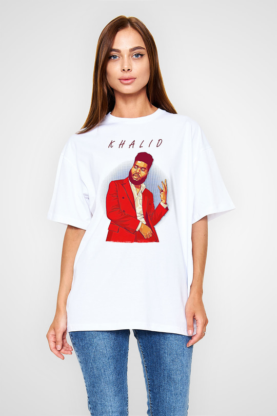 Khalid Baskılı Beyaz Unisex Oversize Tişört - Tshirt