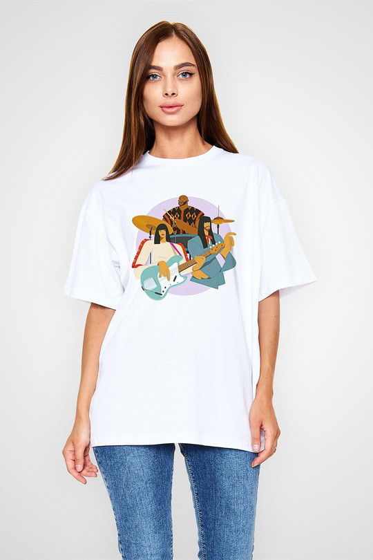 Khruanybin Baskılı Beyaz Unisex Oversize Tişört - Tshirt