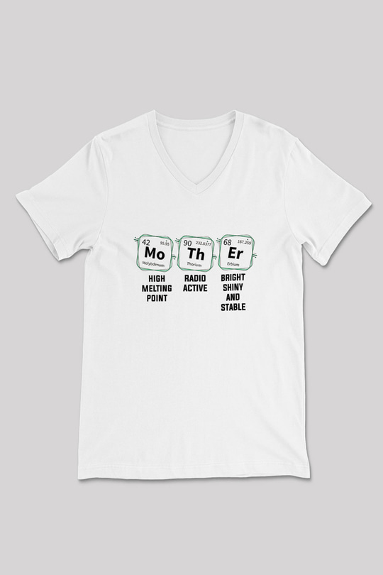 Kimya Periyodik Tablo Anne Baskılı Unisex V Yaka Beyaz Tişört - Tshirt
