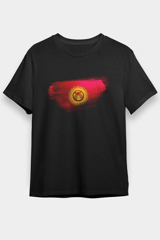 Kırgızistan - Kyrgyzstan Bayrağı Baskılı Unisex Siyah Tişört