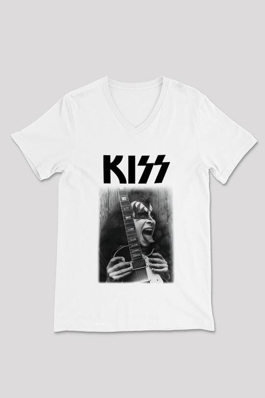 Kiss Beyaz Unisex V Yaka Tişört T-Shirt