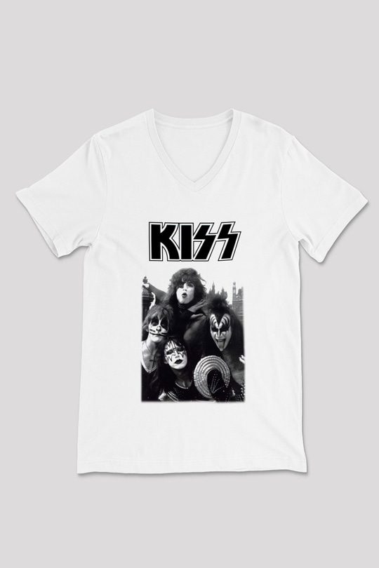 Kiss Beyaz Unisex V Yaka Tişört T-Shirt