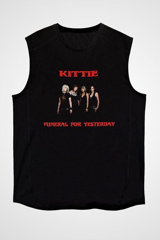 Kittie Baskılı Unisex Siyah Kolsuz Tişört - Tshirt