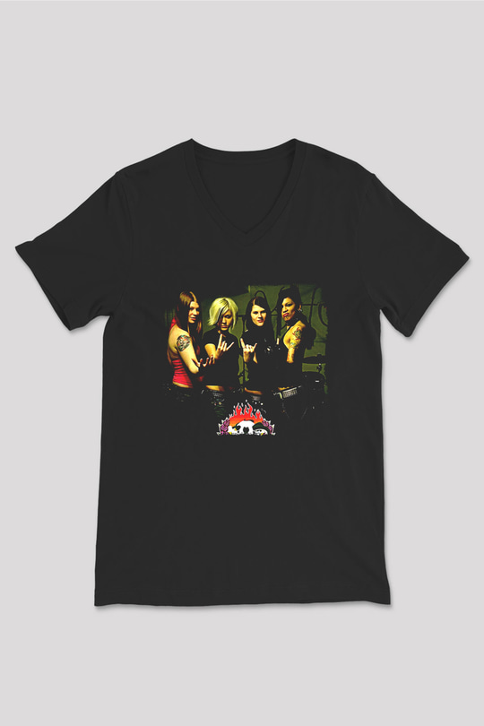 Kittie Baskılı Unisex Siyah V Yaka Tişört - Tshirt