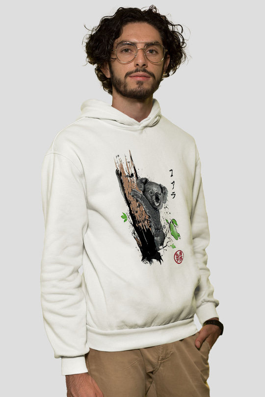 Koala Baskılı Beyaz Unisex Hoodie