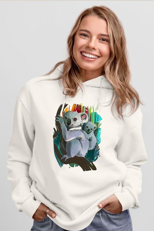 Koala Baskılı Beyaz Unisex Hoodie