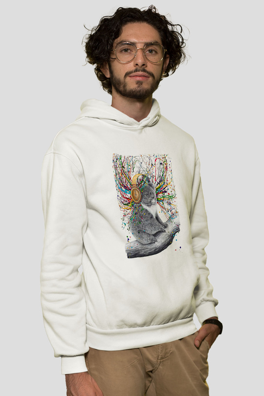 Koala Baskılı Beyaz Unisex Hoodie