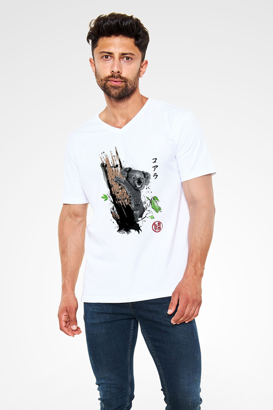 Koala Baskılı Beyaz Unisex V Yaka Tişört - Tshirt