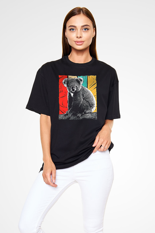 Koala Baskılı Unisex Siyah Oversize Tişört - Tshirt