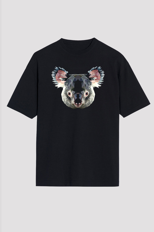 Koala Baskılı Unisex Siyah Oversize Tişört - Tshirt