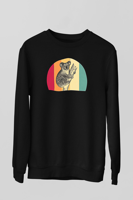 Koala Baskılı Unisex Siyah Sweatshirt